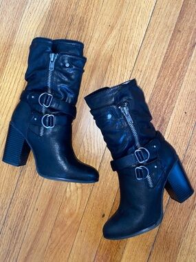 Carlos by Carlos Santana Black Mid-Calf Buckle Heeled Boots
